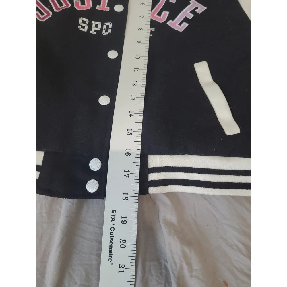 Justice Sport Girls SZ S (7/8) Varsity Style Jacket black white pink accent prep